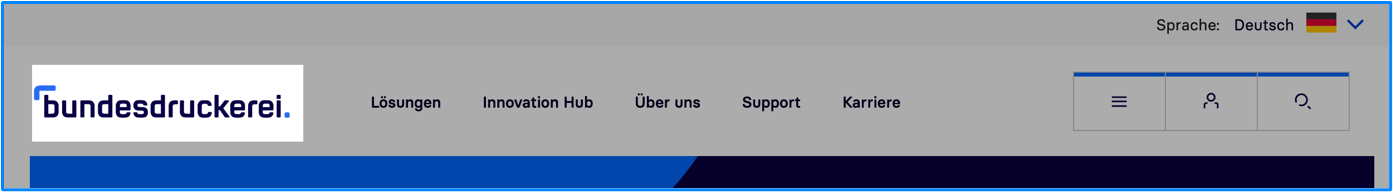 Ansicht eines Screenshots des Website-Headers mit hervorgehobenem Bundesdruckerei-Logo. Ansicht eines Screenshots des Website-Headers mit hervorgehobenem Bundesdruckerei-Logo.