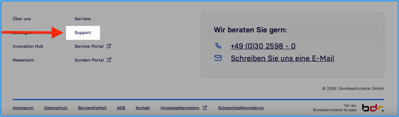 Eine Ansicht des Supportlinks im Footer. Eine Ansicht des Supportlinks im Footer.