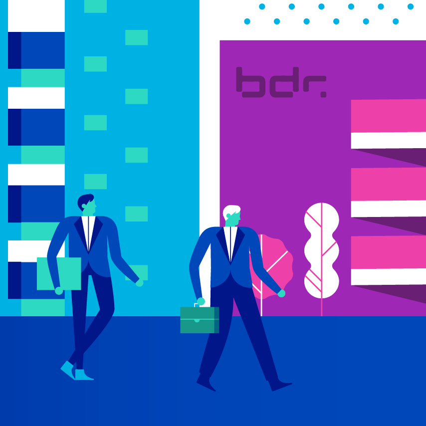 Illustration Nachhaltigkeit Betriebszugehörigkeit Ansicht einer Illustration zu Nachhaltigkeit. Es zeigt zwei Mitarbeiter auf dem Gelände der Bundesdruckerei.