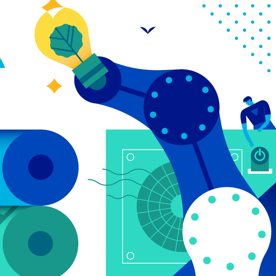 Illustration Nachhaltigkeit Energieverbrauch Ansicht einer Illustration zu Nachhaltigkeit. Die Grafik zeigt symbolisch einen Roboterarm.