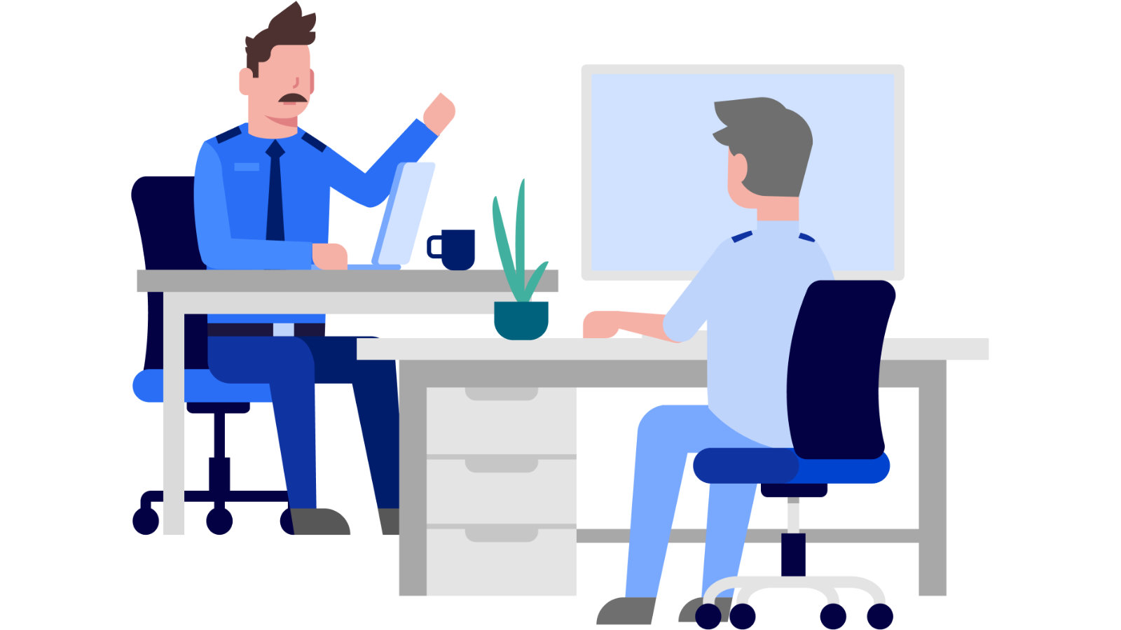 Illustration zweier Personen an Schreibtischen Illustration zweier Personen an Schreibtischen