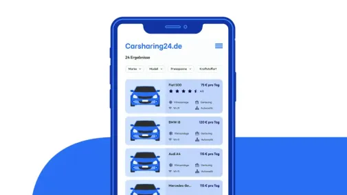 Das Bild zeigt einen Smartphone Bildschirm mit der Carsharing24 App.