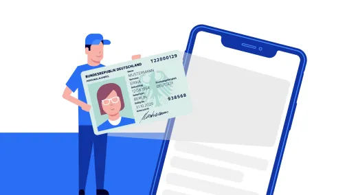 The image shows a person in blue work clothes holding a German identity card in front of a large smartphone.