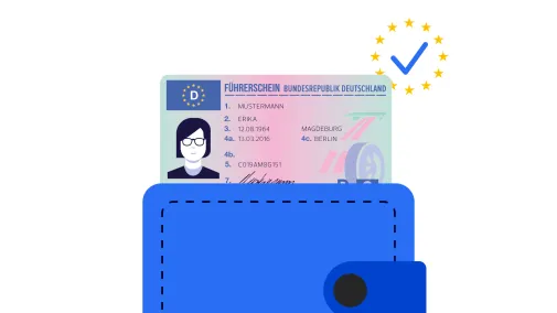 The image shows an EU driving licence with a blue digital wallet and blue tick.