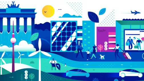 Illustration Nachhaltigkeit Ansicht einer Illustration zum Thema Nachhaltigkeit. Abbildungen verschiedenster Objekte von Berlin und der Bundesdruckerei.