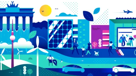 Ansicht einer Illustration zum Thema Nachhaltigkeit. Abbildungen verschiedenster Objekte von Berlin und der Bundesdruckerei.
