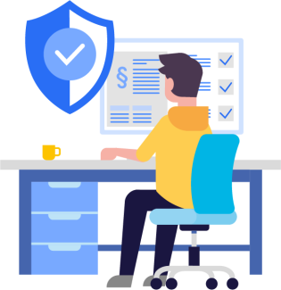 Illustration Mensch am Rechner mit Schutzschild für den Datenschutz