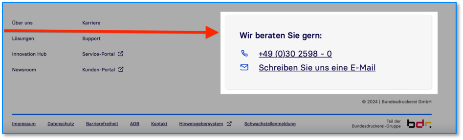 Eine Ansicht vom Supportkontakt im Footer