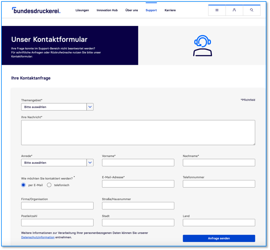 Eine Ansicht des Kontaktformulars