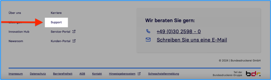Eine Ansicht des Supportlinks im Footer.