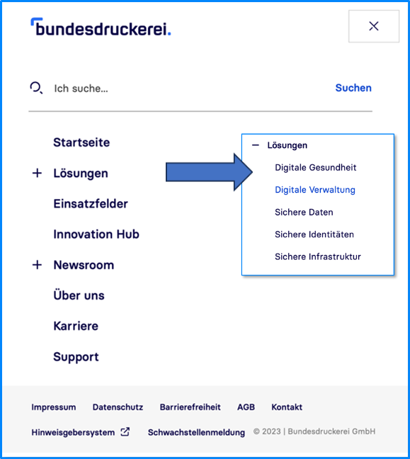 Eine Ansicht der Unterthemen im Menü